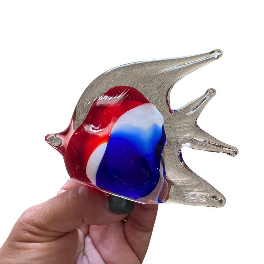 Dynasty Gallery Glass Art Angelfish Hand Blown Figurine Patriotic Red White Blue